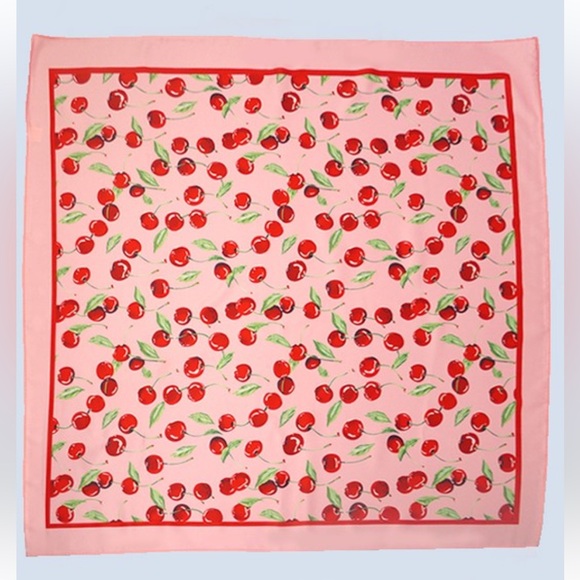 Pink Cherry Print Silky Feel Bandana Scarf - Picture 4 of 4